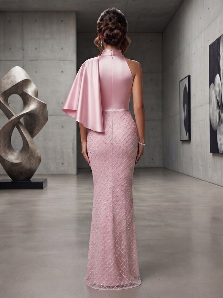 Satin Mermaid One Shoulder Evening Dresses with Rhinestone