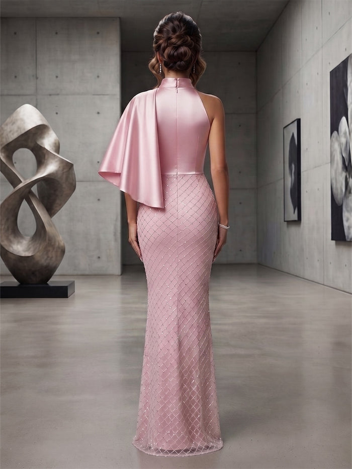 Satin Mermaid One Shoulder Evening Dresses with Rhinestone