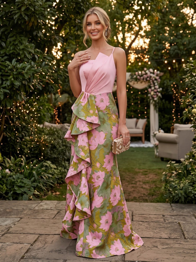 Jacquard Mermaid Spaghetti Straps Evening Dresses with Ruffles