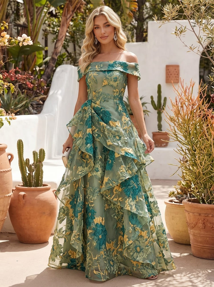 Jacquard A-Line Off Shoulder Floral Evening Dresses