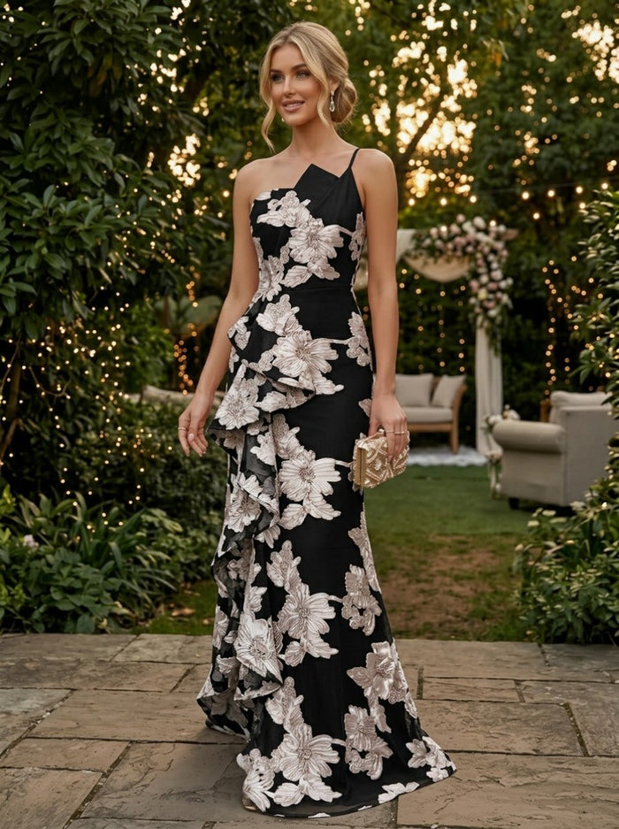 Jacquard Mermaid Spaghetti Straps Evening Dresses with Ruffles