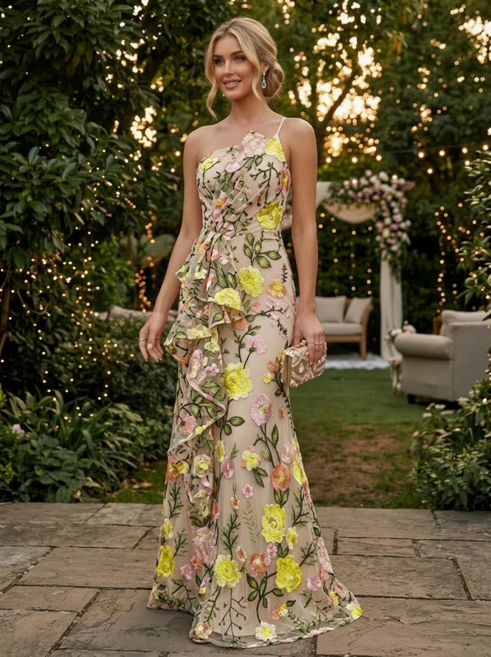 Jacquard Mermaid Spaghetti Straps Evening Dresses with Ruffles