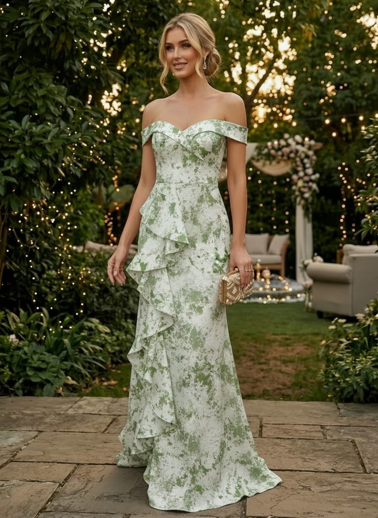 Jacquard Mermaid Off Shoulder Evening Dresses with Ruffles