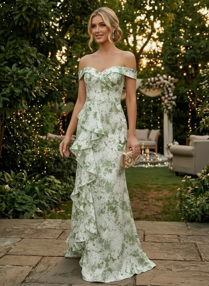 Jacquard Mermaid Off Shoulder Evening Dresses with Ruffles