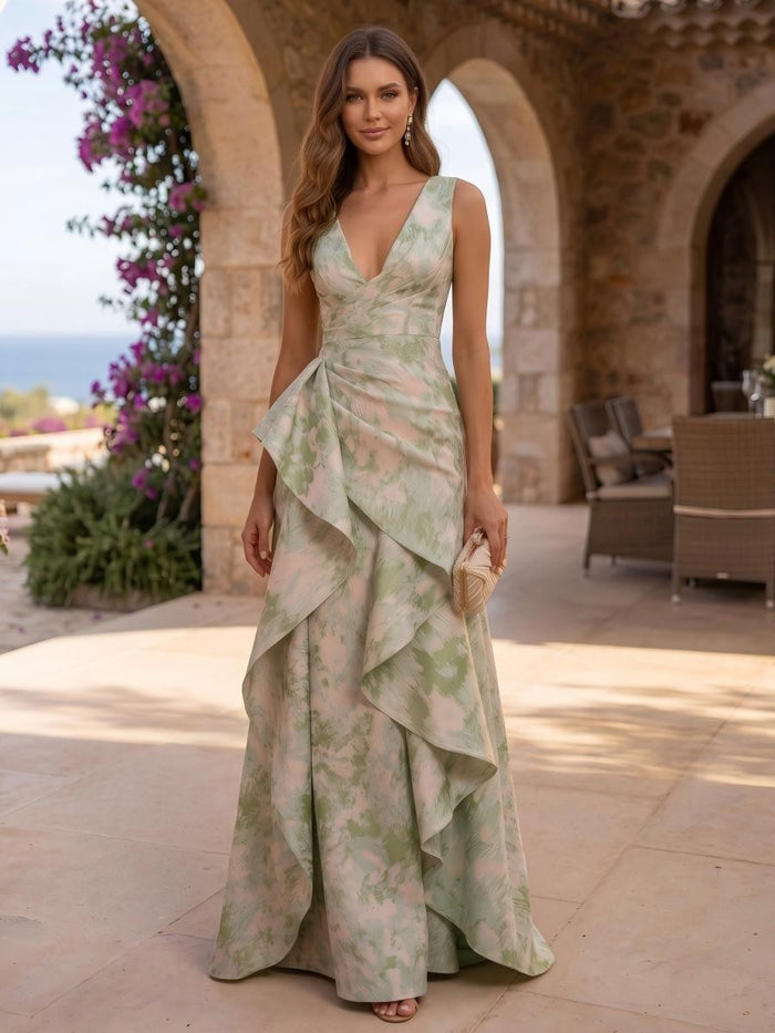 Jacquard Mermaid V Neck Evening Dresses with Ruffles