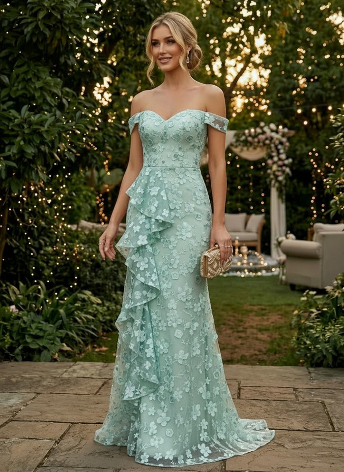 Tulle Mermaid Off Shoulder Evening Dresses with 3D Flowers