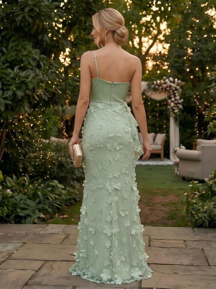 Tulle Mermaid Spaghetti Straps Evening Dresses with 3D Flowers