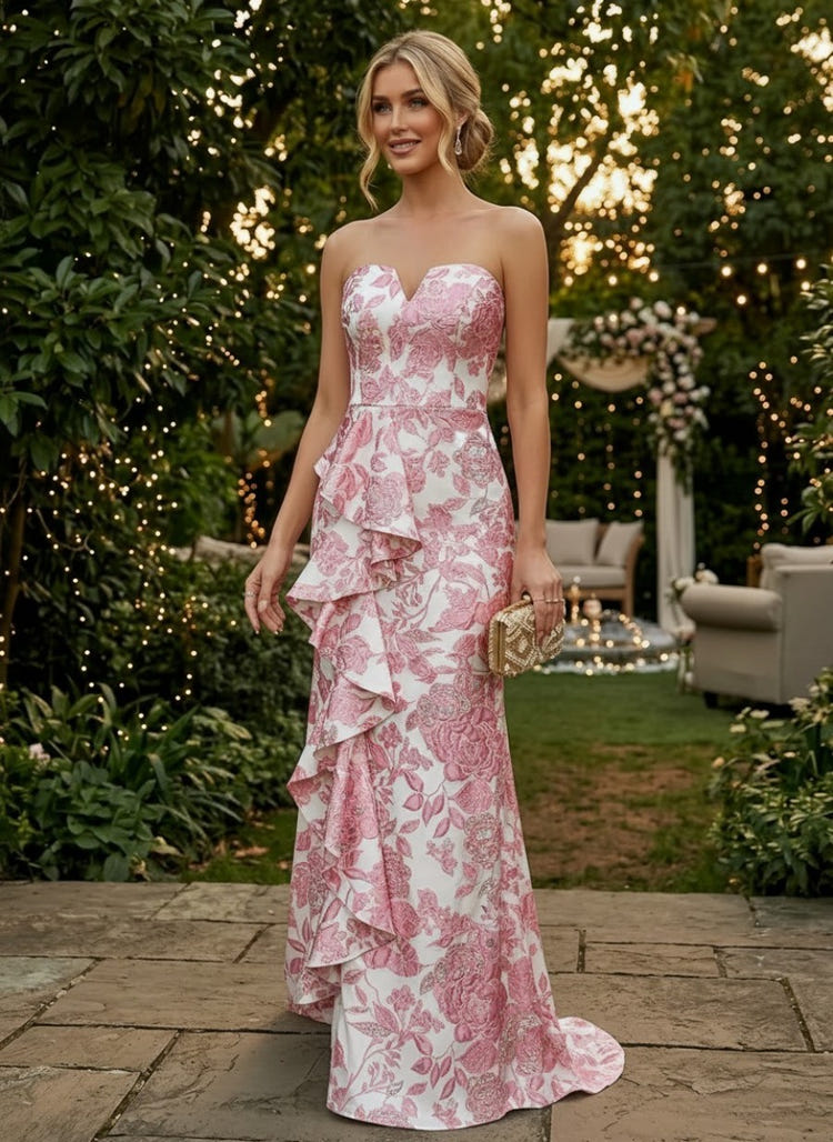 Jacquard Mermaid Strapless Evening Dresses with Ruffles