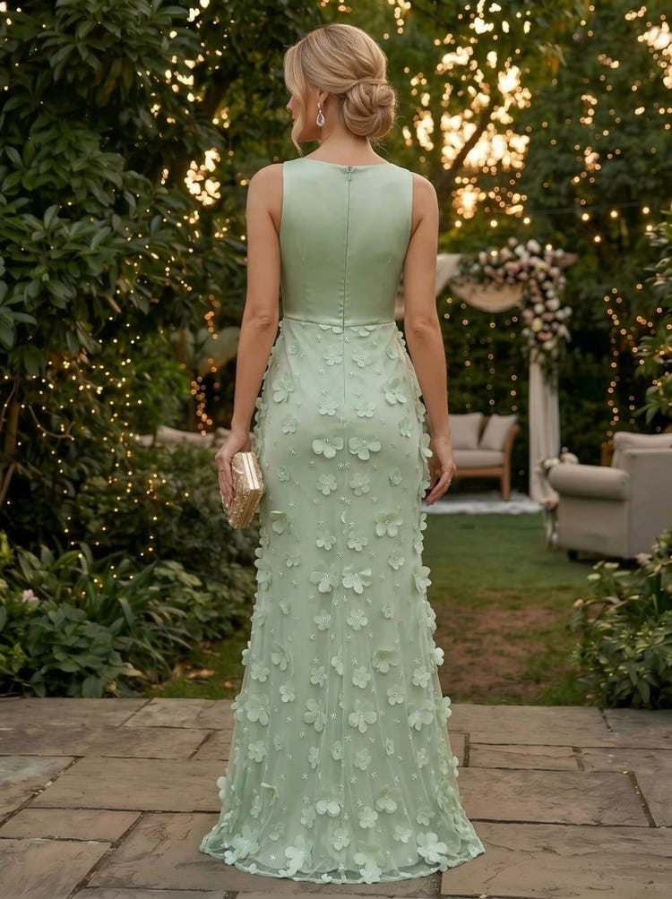 Tulle Mermaid Crew Neck Evening Dresses with 3D Flowers