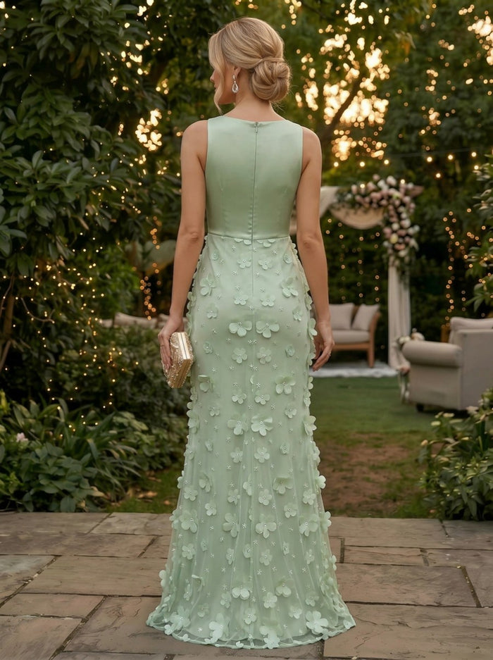 Tulle Mermaid Crew Neck Evening Dresses with 3D Flowers