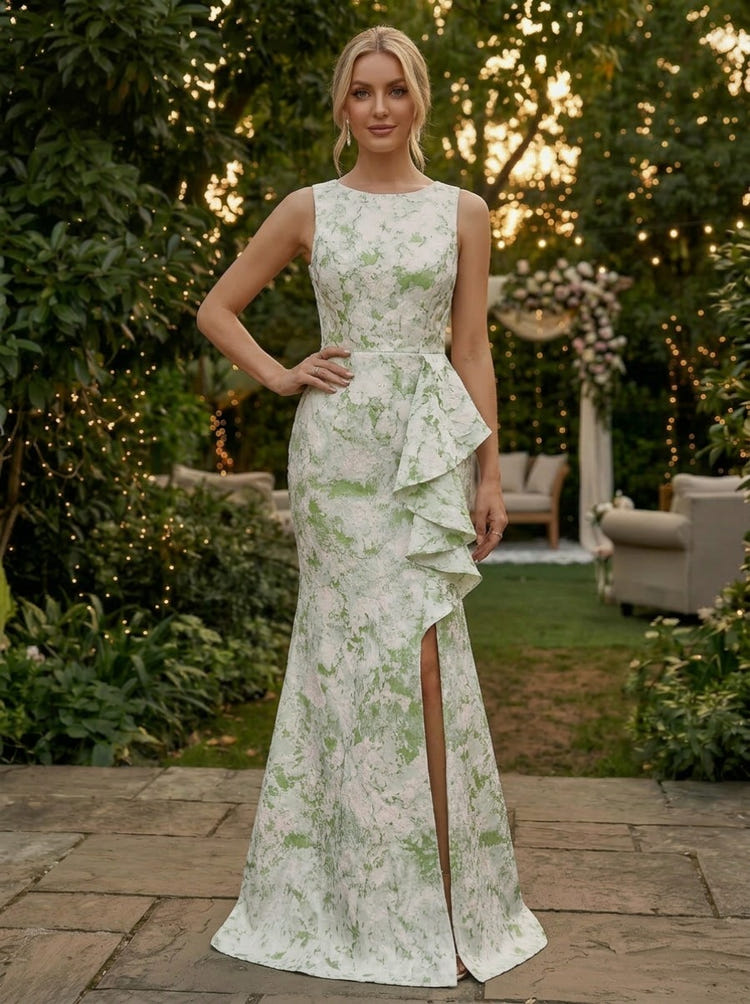 Jacquard Mermaid Crew Neck Evening Dresses with Side Slit