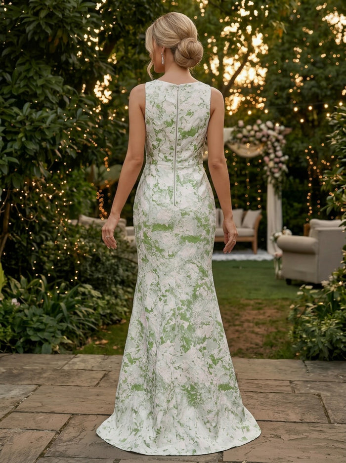 Jacquard Mermaid Crew Neck Evening Dresses with Side Slit