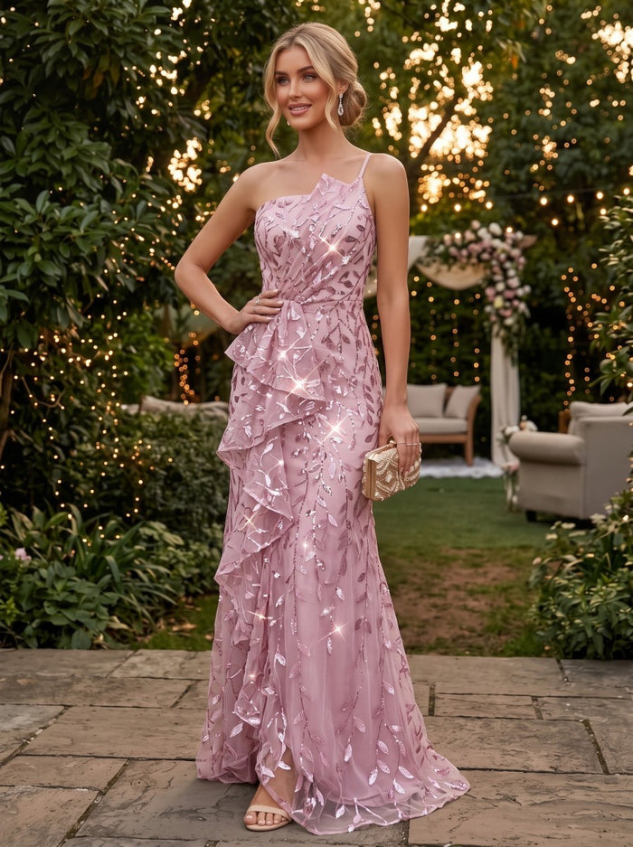 Sequin Mermaid Spaghetti Straps Evening Dresses with Ruffles
