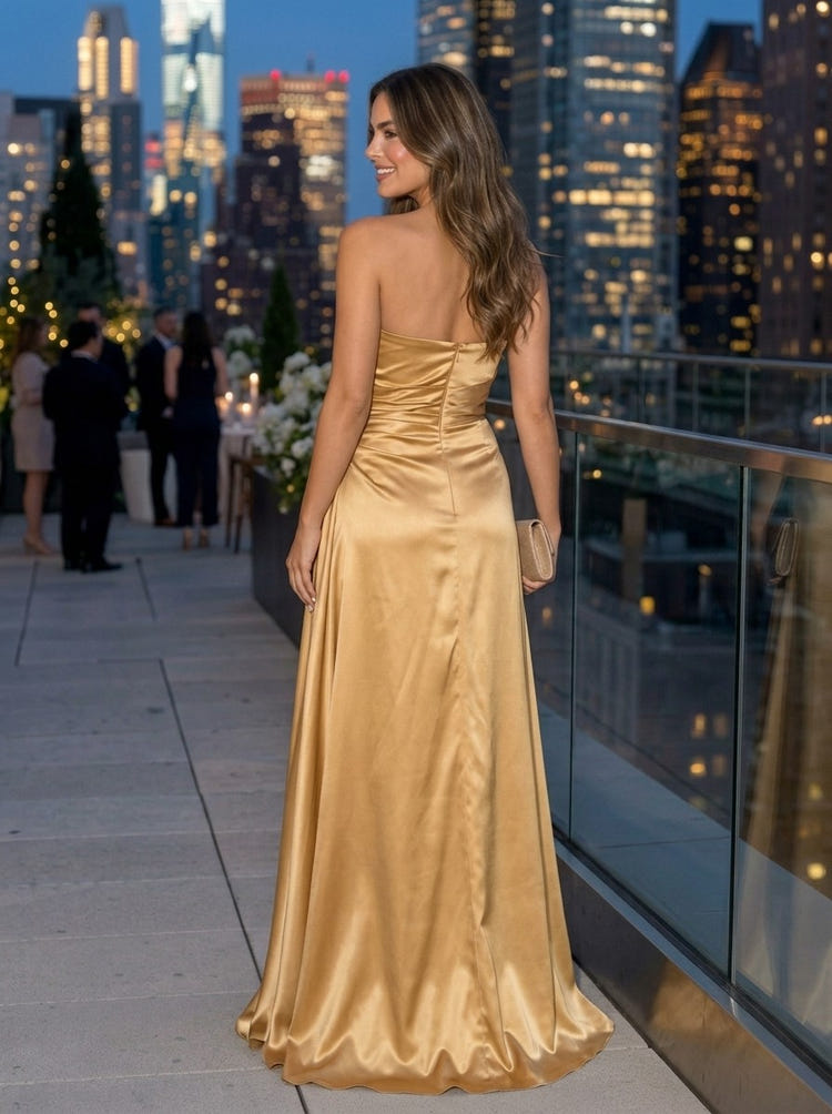 Satin Mermaid Strapless Evening Dresses with 3D Flowers