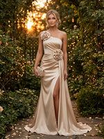 Satin Mermaid One Shoulder Evening Dresses with 3D Flowers