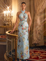 Satin Sheath Halter Evening Dresses with Floral Print