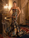 Satin Mermaid Strapless Evening Dresses with Floral Print