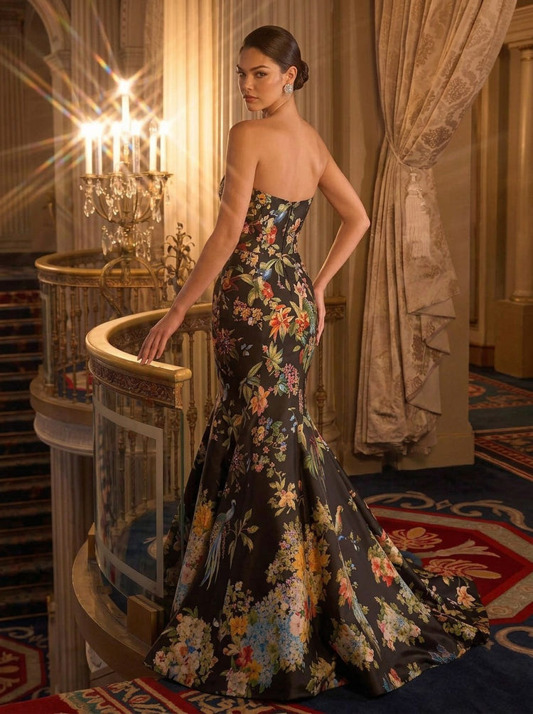 Satin Mermaid Strapless Evening Dresses with Floral Print