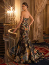 Satin Mermaid Strapless Evening Dresses with Floral Print
