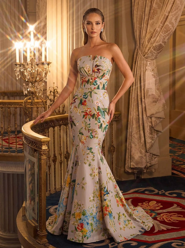 Satin Mermaid Strapless Evening Dresses with Floral Print