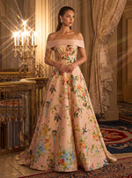 Satin A-Line Off Shoulder Evening Dresses with Floral Print