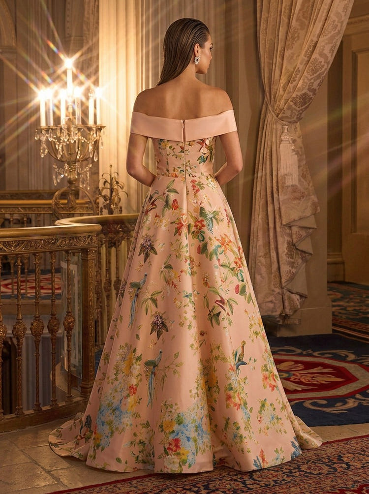 Satin A-Line Off Shoulder Evening Dresses with Floral Print