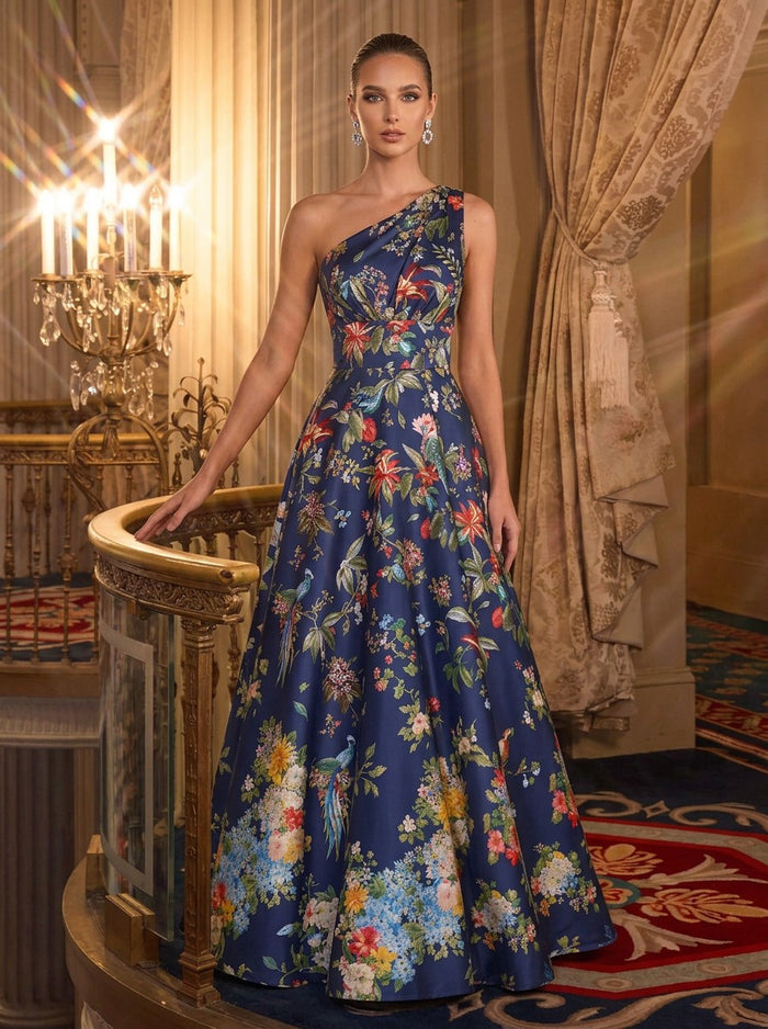 Satin A-Line Off Shoulder Evening Dresses with Floral Print