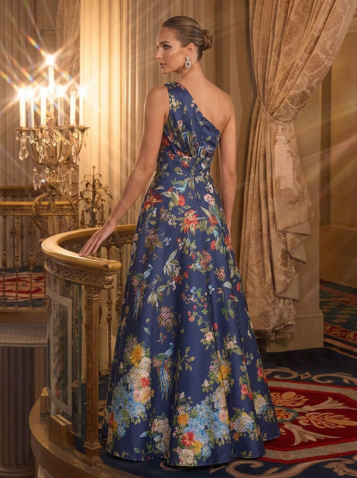 Satin A-Line Off Shoulder Evening Dresses with Floral Print