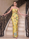 Satin Sheath Strapless Evening Dresses with Floral Print and Slit