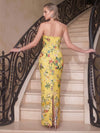 Satin Sheath Strapless Evening Dresses with Floral Print and Slit