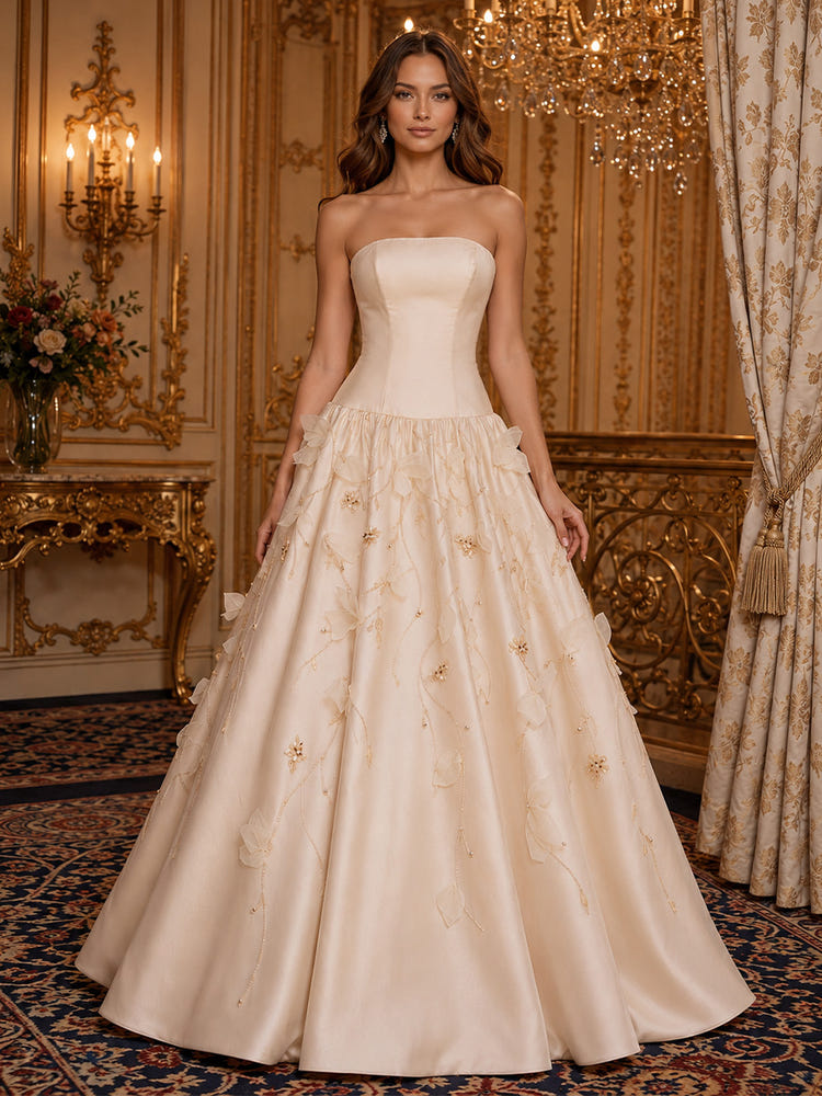 Satin A-Line Strapless Beaded Evening Dresses