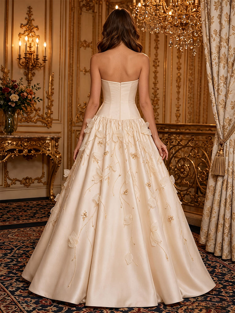 Satin A-Line Strapless Beaded Evening Dresses