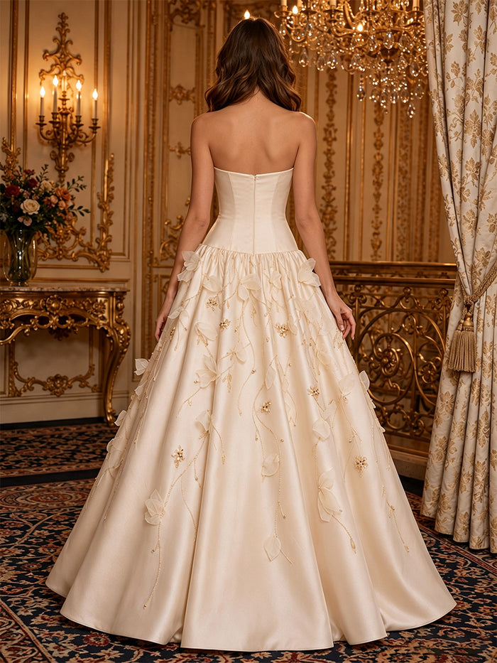 Satin A-Line Strapless Beaded Evening Dresses