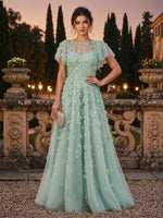 Tulle A-Line Crew Neck Evening Dresses with 3D Flowers