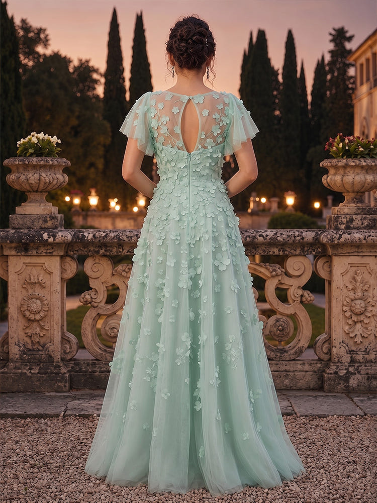 Tulle A-Line Crew Neck Evening Dresses with 3D Flowers