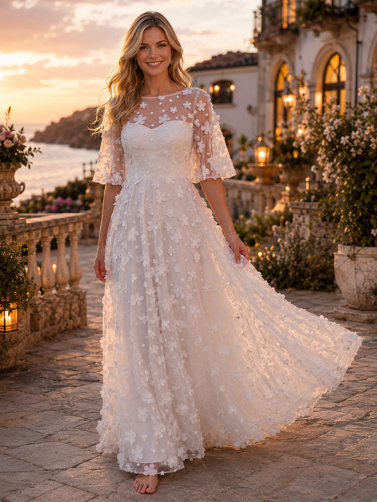 Tulle A-Line Crew Neck Evening Dresses with 3D Flowers