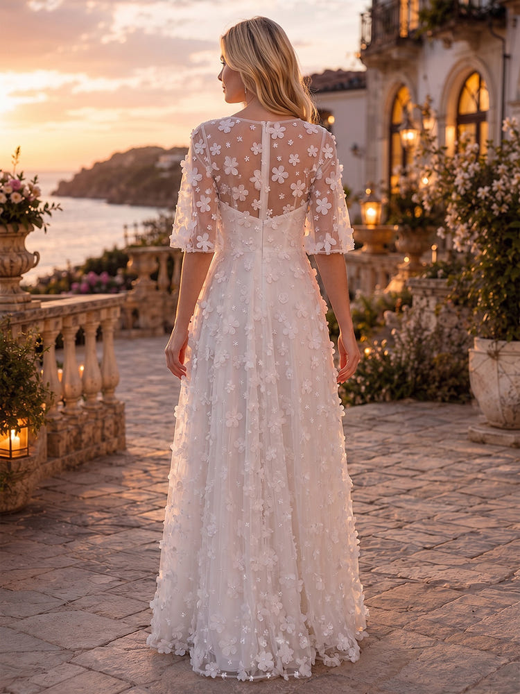 Tulle A-Line Crew Neck Evening Dresses with 3D Flowers