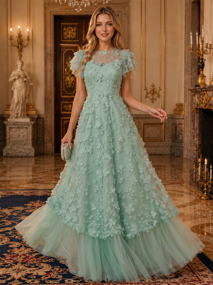 Tulle A-Line Crew Neck Pleated Evening Dresses