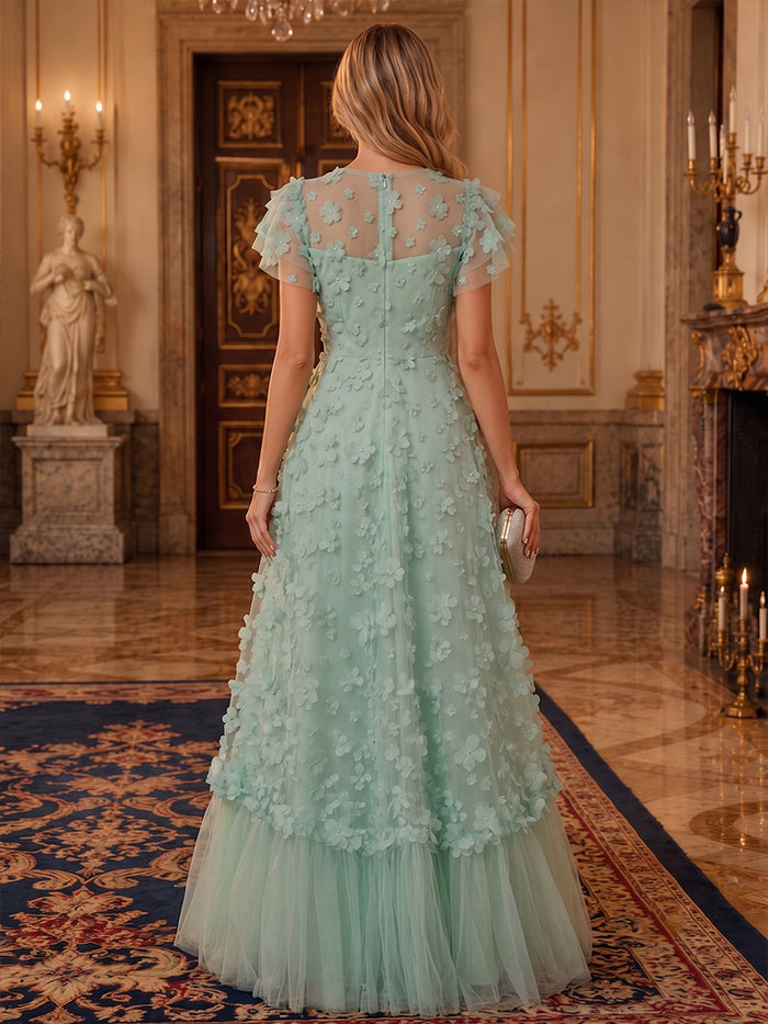 Tulle A-Line Crew Neck Pleated Evening Dresses
