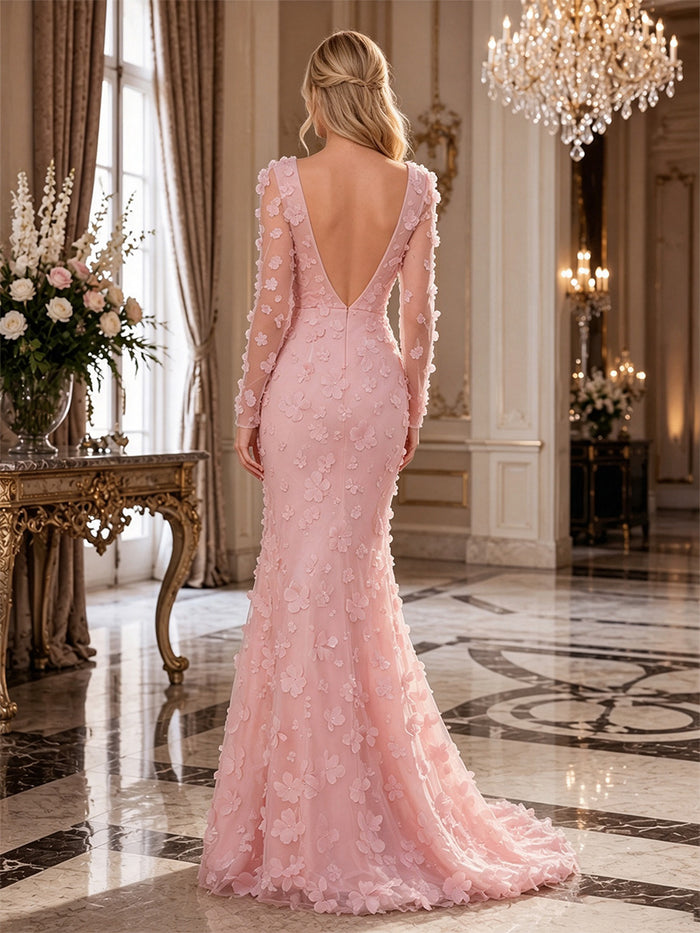 Tulle Mermaid V Neck Evening Dresses with 3D Flowers