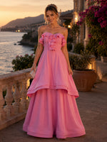 Satin A-Line Strapless Evening Dresses with Ruffles