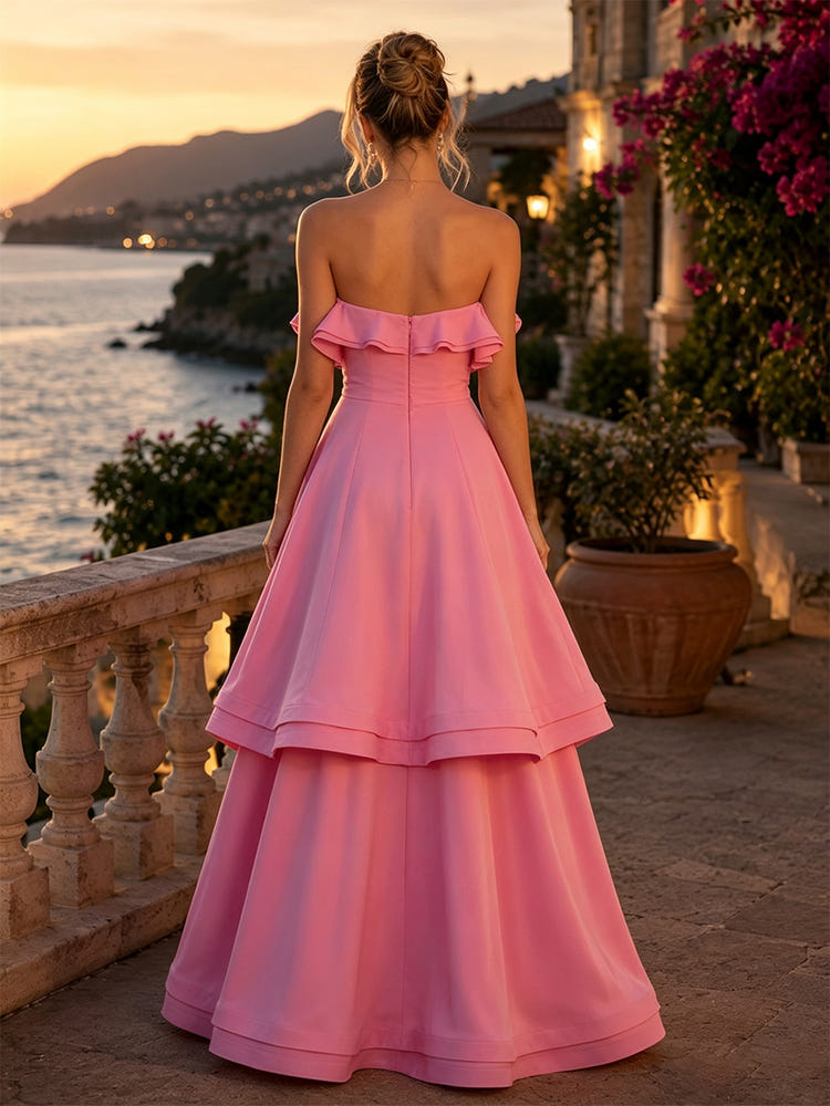 Satin A-Line Strapless Evening Dresses with Ruffles