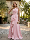 Satin A-Line One Shoulder Evening Dresses with Ruffles