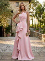 Satin A-Line One Shoulder Evening Dresses with Ruffles