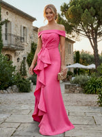 Satin Mermaid Off Shoulder Evening Dresses with Ruffles