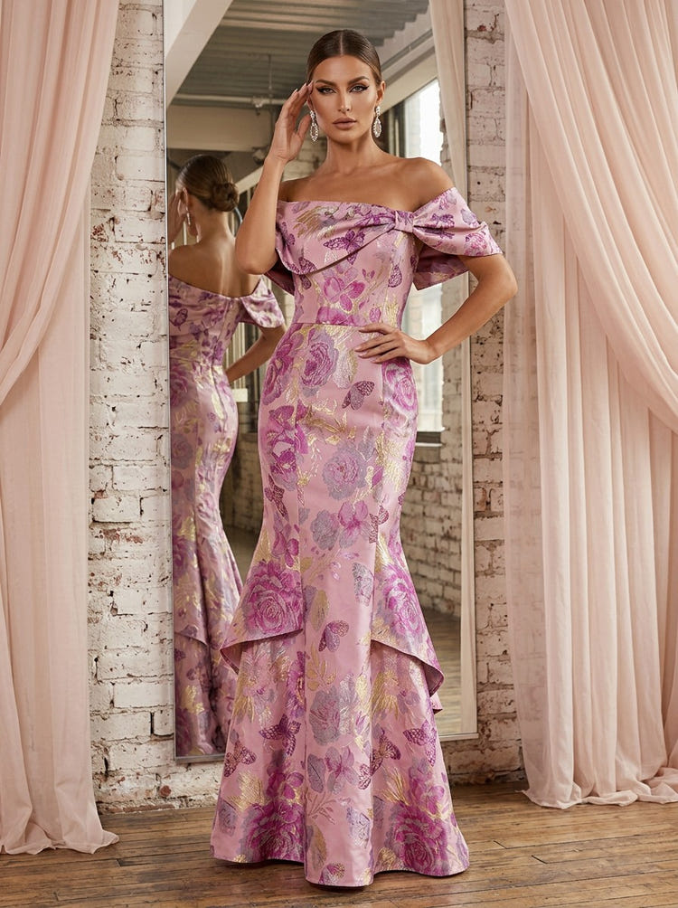 Jacquard Mermaid Off Shoulder Evening Dresses with Bow