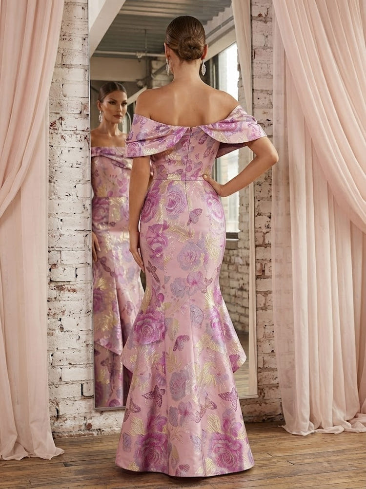 Jacquard Mermaid Off Shoulder Evening Dresses with Bow