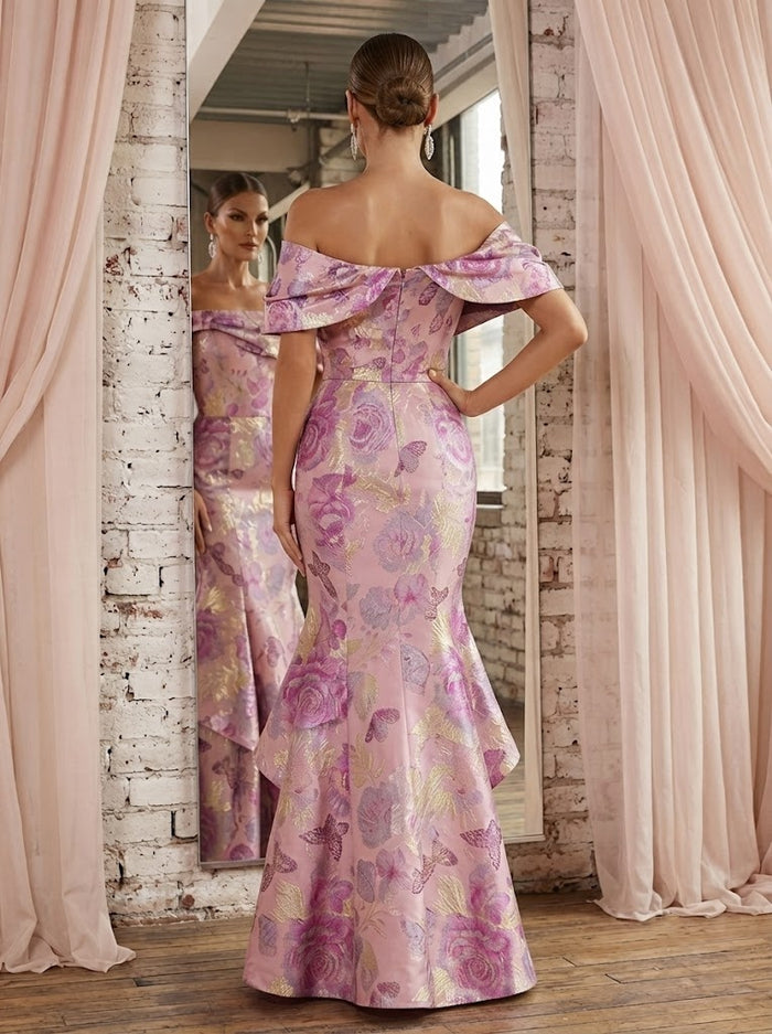 Jacquard Mermaid Off Shoulder Evening Dresses with Bow