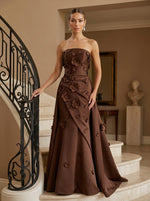 Satin A-Line Strapless Evening Dresses with 3D Flowers