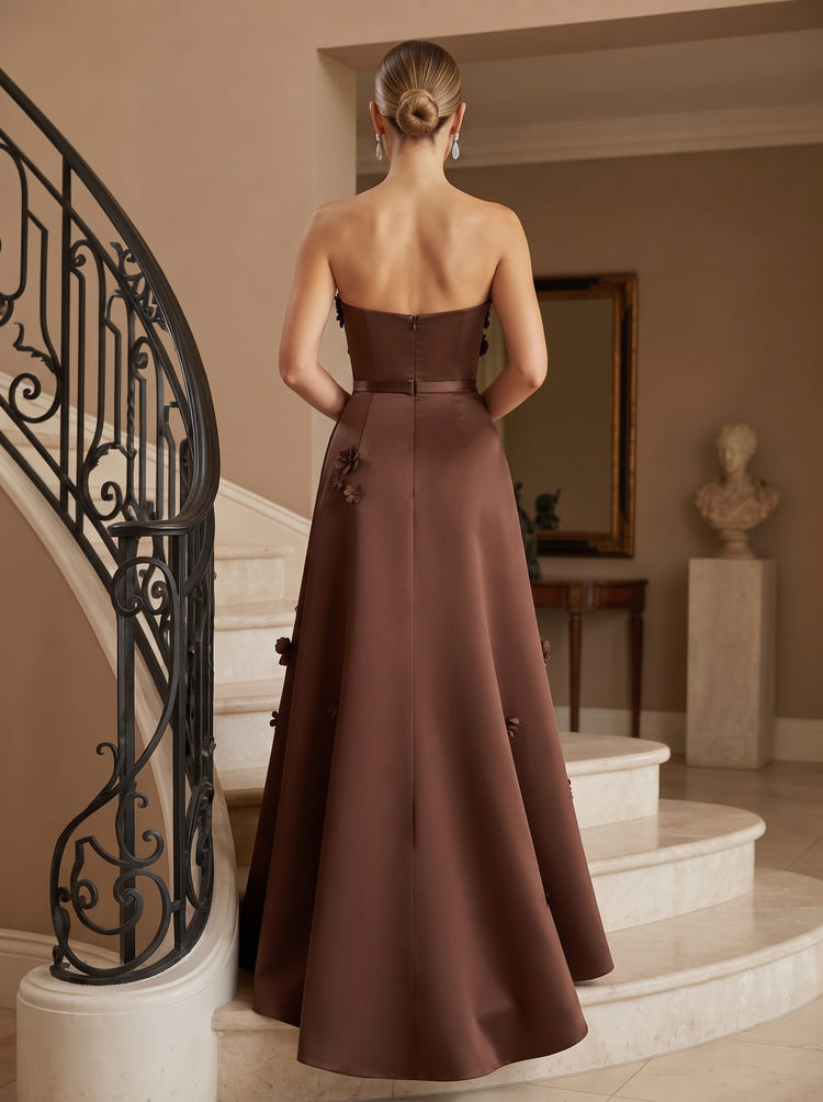 Satin A-Line Strapless Evening Dresses with 3D Flowers